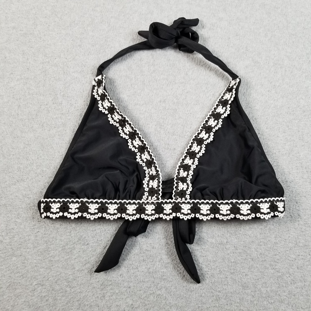 Kona Sol Bikini Top Womens Medium Black White Lace Trim Halter Triangle Swimwear
